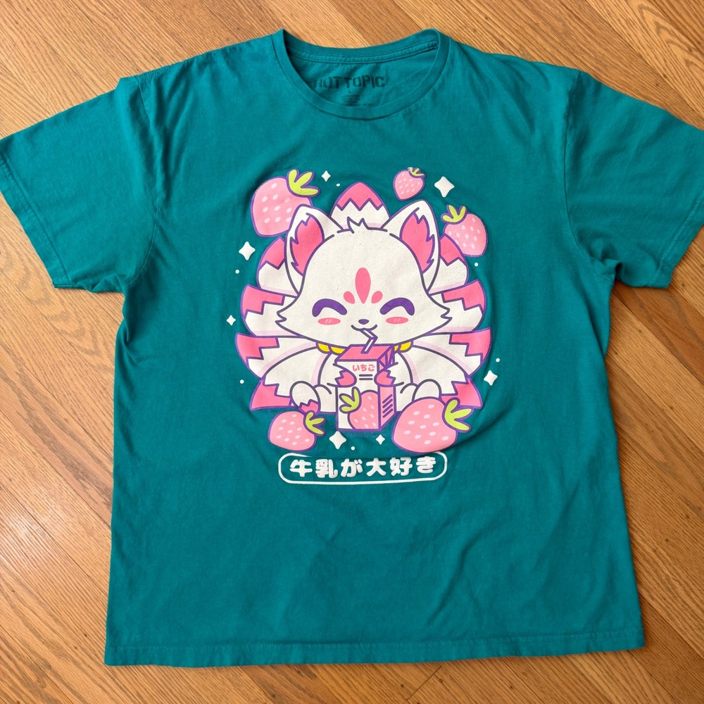 Hot Topic Kitsune‎ Fox Strawberry Milk Teal Graphic T-Shirt Large Kawaii Anime